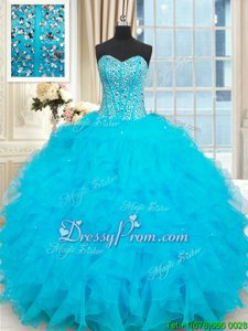 Deluxe Baby Blue Sleeveless Organza Lace Up Quinceanera Gown forMilitary Ball and Sweet 16 and Quinceanera