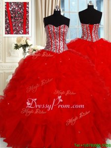 Modest Red Sweet 16 Dress Military Ball and Sweet 16 and Quinceanera and For withRuffles and Sequins Sweetheart Sleeveless Lace Up