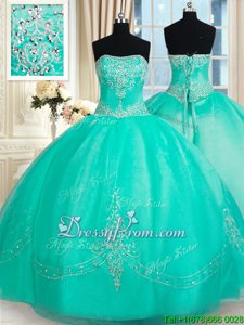 High End Strapless Sleeveless Organza Quinceanera Dress Beading and Appliques Lace Up