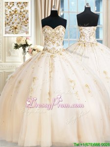 Fashionable Champagne Tulle Lace Up Sweetheart Sleeveless Floor Length Quinceanera Dresses Beading