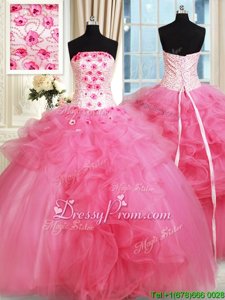 New Style Floor Length Hot Pink Quinceanera Gowns Strapless Sleeveless Lace Up