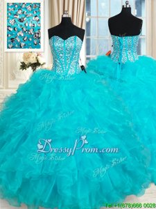 Extravagant Floor Length Lace Up Sweet 16 Dresses Aqua Blue and In forMilitary Ball and Sweet 16 and Quinceanera withBeading and Ruffles