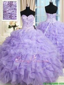 Unique Lavender Ball Gowns Beading and Ruffles Quinceanera Dress Lace Up Organza Sleeveless Floor Length