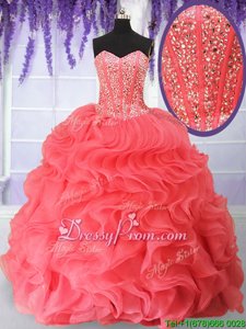 Attractive Sweetheart Sleeveless Lace Up Ball Gown Prom Dress Watermelon Red Organza