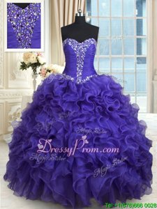 New Style Purple Organza Lace Up Vestidos de Quinceanera Sleeveless Floor Length Beading and Ruffles