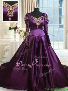 Wonderful With Train Dark Purple 15 Quinceanera Dress Off The Shoulder Long Sleeves Chapel Train Zipper