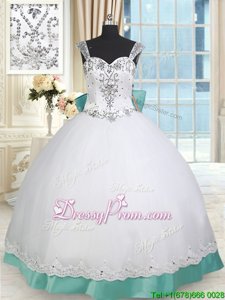 Romantic Sleeveless Taffeta and Tulle Floor Length Lace Up 15th Birthday Dress inWhite and Green forSpring and Summer and Fall and Winter withBeading and Lace and Bowknot