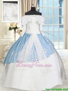 Customized White and Light Blue Ball Gowns Lace and Bowknot Ball Gown Prom Dress Lace Up Taffeta Long Sleeves Floor Length