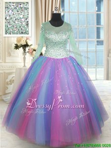 Custom Design Multi-color Scoop Neckline Beading 15 Quinceanera Dress Long Sleeves Lace Up