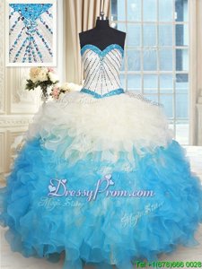Fitting Blue and Champagne Lace Up Sweetheart Beading and Ruffles Quince Ball Gowns Organza Sleeveless