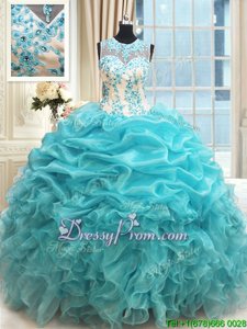 Nice Ball Gowns Quinceanera Gown Aqua Blue Scoop Organza Sleeveless Floor Length Zipper