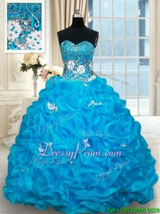 Charming Sleeveless With Train Beading and Pick Ups Lace Up Quinceanera Gown with Baby Blue Brush Train