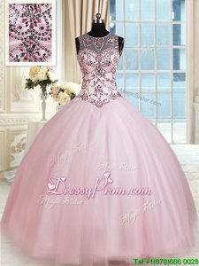 Trendy Baby Pink Sleeveless Floor Length Beading Lace Up Quinceanera Dress
