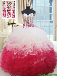 Ball Gowns 15 Quinceanera Dress White and Red Sweetheart Organza Sleeveless Floor Length Lace Up