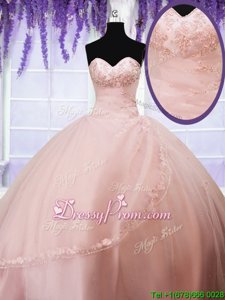 Fashion Baby Pink Ball Gowns Beading and Appliques Sweet 16 Quinceanera Dress Lace Up Tulle Sleeveless Floor Length