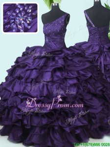 Sweet Floor Length Purple Quince Ball Gowns Taffeta Sleeveless Spring and Summer and Fall and Winter Beading and Pick Ups