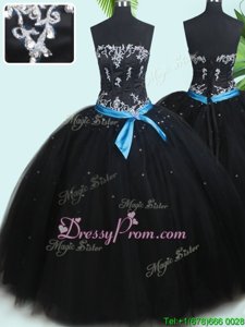 Trendy Black Sleeveless Floor Length Beading and Belt Lace Up Quinceanera Dresses