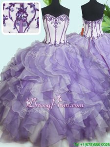 High Quality Floor Length Lace Up Quinceanera Gown White and Purple and White And Purple and In forMilitary Ball and Sweet 16 and Quinceanera withBeading and Ruffles
