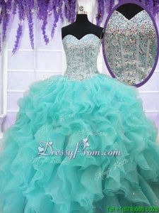 Sweetheart Sleeveless Ball Gown Prom Dress Floor Length Beading and Ruffles Aqua Blue Organza