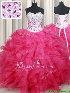 Eye-catching Hot Pink Ball Gowns Beading and Ruffles Ball Gown Prom Dress Lace Up Organza Sleeveless Floor Length