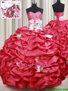 Noble With Train Lace Up Sweet 16 Dress Coral Red and In forMilitary Ball and Sweet 16 and Quinceanera withBeading and Appliques and Sequins and Pick Ups Brush Train
