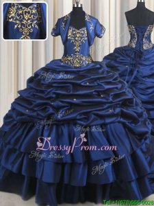 Sweet Navy Blue Ball Gowns Sweetheart Sleeveless Taffeta With Train Court Train Lace Up Embroidery and Pick Ups Quinceanera Dress