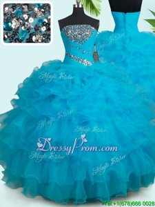Clearance Baby Blue Ball Gowns Strapless Sleeveless Organza Floor Length Zipper Beading Quinceanera Dresses
