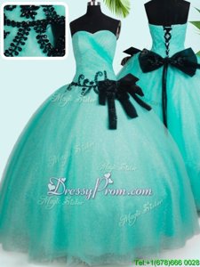 High Class Turquoise Sleeveless Floor Length Beading and Bowknot Lace Up Ball Gown Prom Dress