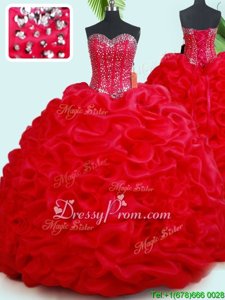 Best Selling Sweetheart Sleeveless Court Train Lace Up 15 Quinceanera Dress Red Organza