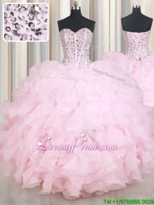 Sumptuous Baby Pink Lace Up Sweetheart Beading and Ruffles Ball Gown Prom Dress Organza Sleeveless