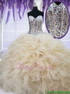 Sophisticated Champagne Ball Gowns Organza Sweetheart Sleeveless Beading and Ruffles Floor Length Lace Up Sweet 16 Dress