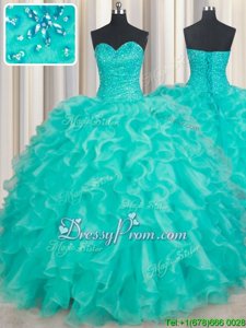 Modest Sleeveless Organza Floor Length Lace Up Sweet 16 Quinceanera Dress inTurquoise forSpring and Summer and Fall and Winter withBeading and Ruffles