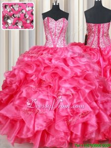 Dazzling Hot Pink Sleeveless Beading and Ruffles Floor Length Sweet 16 Quinceanera Dress
