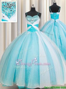 Artistic White and Blue Spaghetti Straps Lace Up Beading Quinceanera Dresses Sleeveless