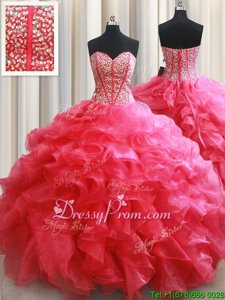 Charming Sweetheart Sleeveless Lace Up Sweet 16 Quinceanera Dress Coral Red Organza