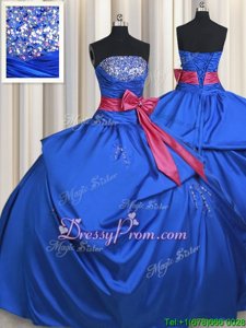 Comfortable Sleeveless Floor Length Beading and Bowknot Lace Up Ball Gown Prom Dress with Blue