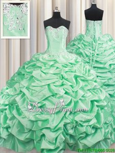 Hot Sale With Train Lace Up Vestidos de Quinceanera Apple Green and In forMilitary Ball and Sweet 16 and Quinceanera withBeading and Pick Ups Brush Train