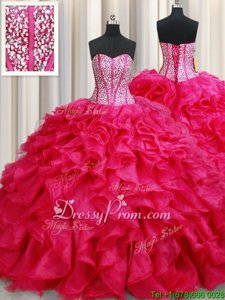 With Train Ball Gowns Sleeveless Coral Red 15th Birthday Dress Brush Train Lace Up