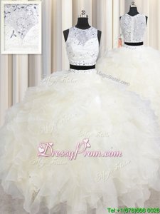 Amazing Sleeveless Floor Length Beading and Ruffles Lace Up Quinceanera Dresses with Champagne