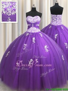 High Class Eggplant Purple Sleeveless Beading and Appliques Floor Length Quinceanera Gowns