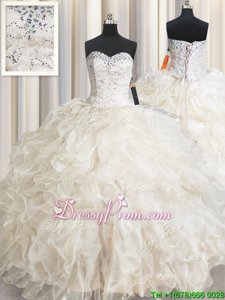 Champagne Ball Gowns Sweetheart Sleeveless Organza Floor Length Lace Up Beading and Lace and Ruffles Sweet 16 Quinceanera Dress