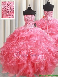 Most Popular Pink Strapless Neckline Beading and Ruffles Quince Ball Gowns Sleeveless Lace Up