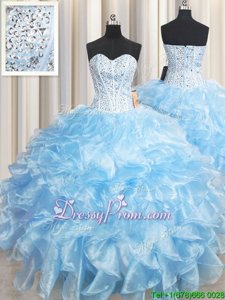 Attractive Sleeveless Floor Length Beading and Ruffles Lace Up Vestidos de Quinceanera with Light Blue