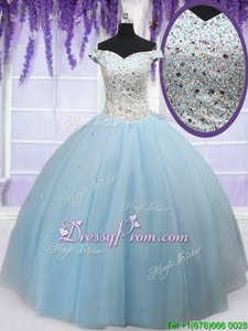 High End Light Blue Tulle Lace Up Off The Shoulder Sleeveless Floor Length Vestidos de Quinceanera Beading