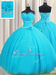Sleeveless Lace Up Floor Length Beading and Ruffles and Hand Made Flower Vestidos de Quinceanera