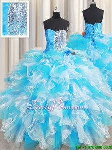 Gorgeous Blue And White Ball Gowns Ruffles and Sequins Quince Ball Gowns Lace Up Organza Sleeveless Floor Length