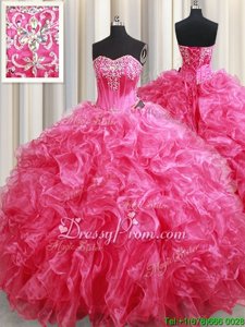 Popular Sweetheart Sleeveless Quinceanera Dress With Brush Train Beading and Ruffles Hot Pink Organza