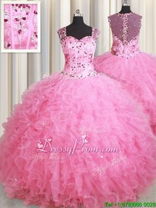 Fantastic Rose Pink Sleeveless Beading and Ruffles Floor Length Quinceanera Gowns