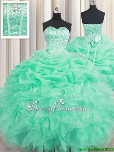 Designer Apple Green Ball Gowns Organza Sweetheart Sleeveless Beading and Ruffles and Pick Ups Floor Length Lace Up Vestidos de Quinceanera