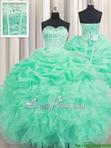 Designer Apple Green Ball Gowns Organza Sweetheart Sleeveless Beading and Ruffles and Pick Ups Floor Length Lace Up Vestidos de Quinceanera